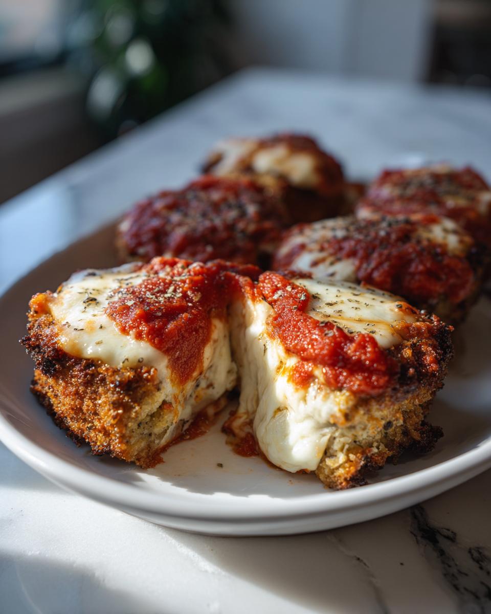 Close-up of air fryer eggplant parmesan cut in half, showing gooey melted mozzarella and crispy breading.