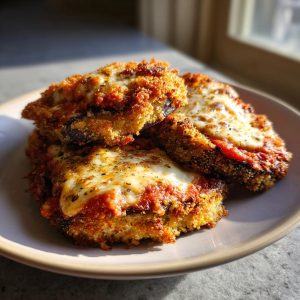 Close-up of three crispy air fryer eggplant parmesan slices stacked on a plate, topped with melted cheese and marinara sauce.