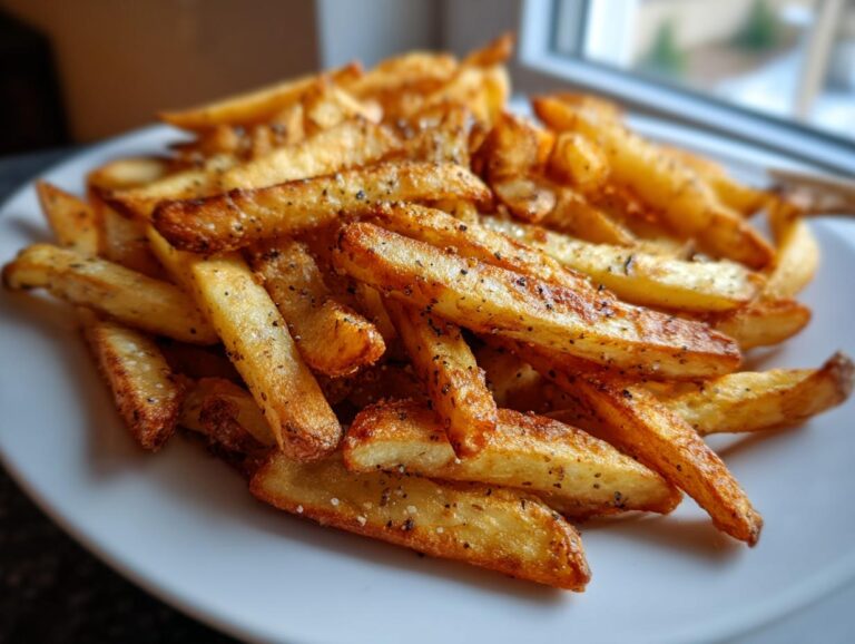 A close-up shot of a pile of golden-brown air fryer french fries seasoned with salt and pepper on a white plate.