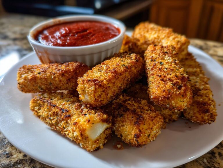A plate of golden brown, crispy air fryer mozzarella sticks served with a bowl of marinara dipping sauce.
