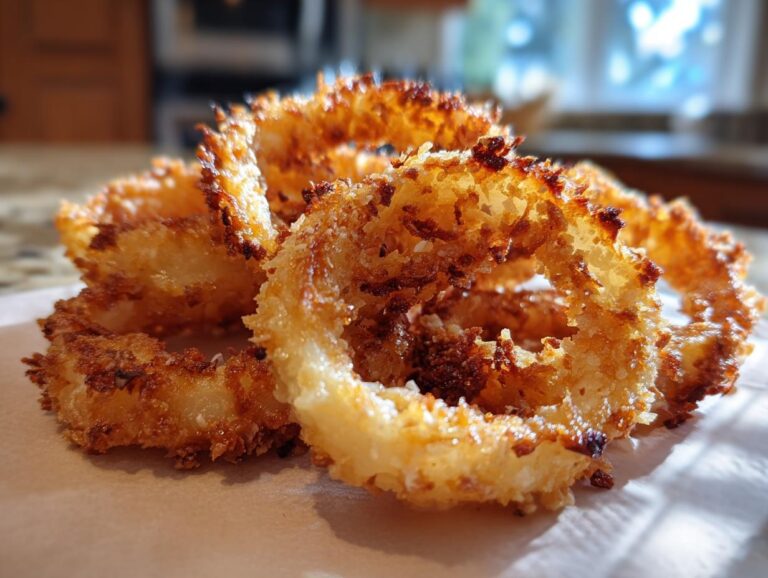 Close-up of golden brown, crispy air fryer onion rings piled on a paper towel.