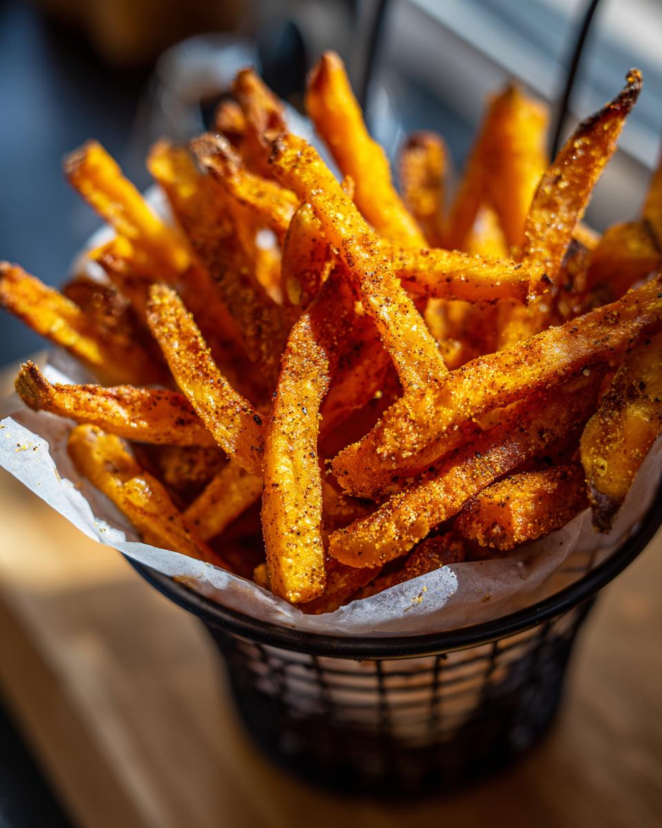 Close-up of crispy air fryer sweet potato fries seasoned with spices, served in a black wire basket with parchment paper.