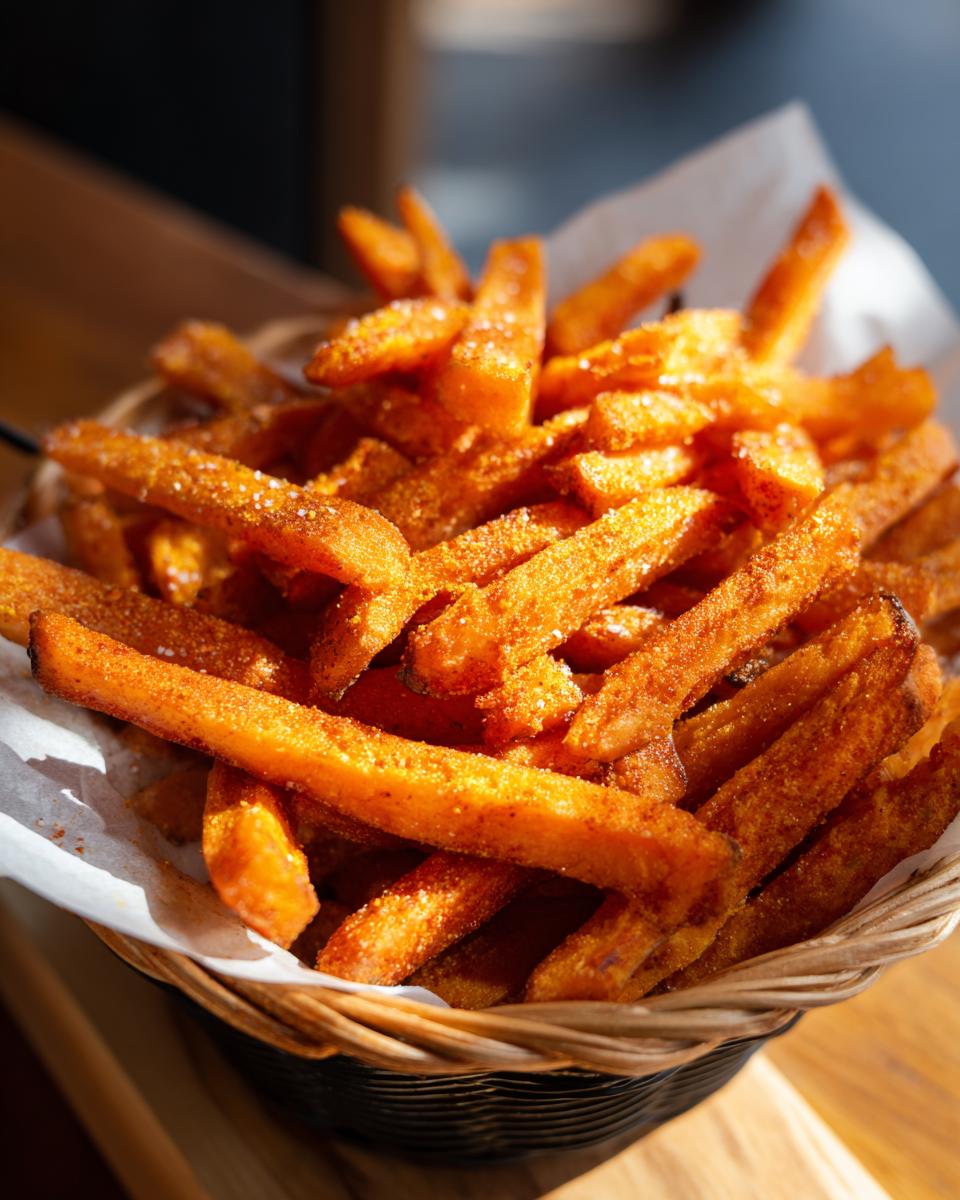 A close-up of a basket filled with crispy air fryer sweet potato fries, seasoned with spices and salt.