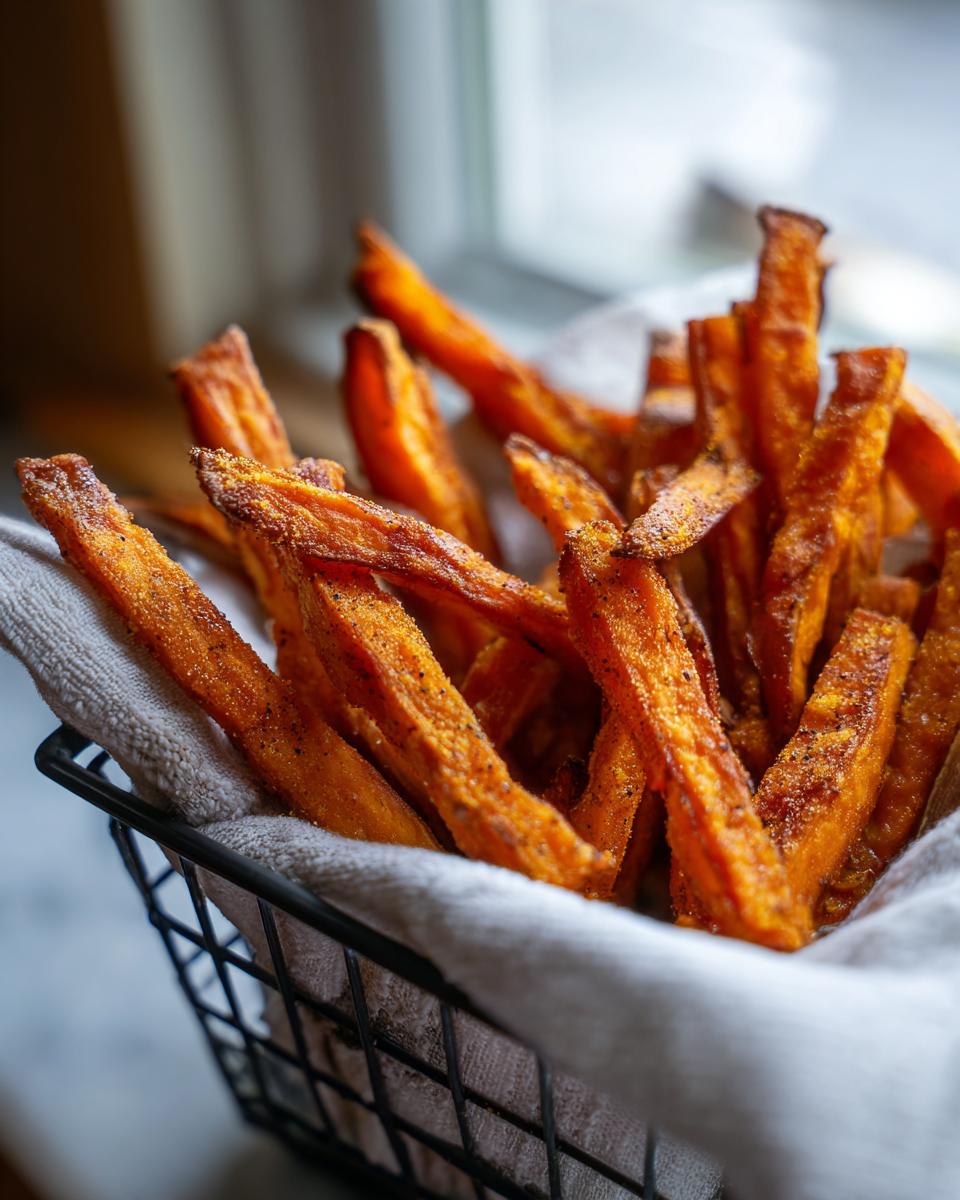 Close-up of crispy air fryer sweet potato fries seasoned with spices in a black wire basket lined with a white towel.