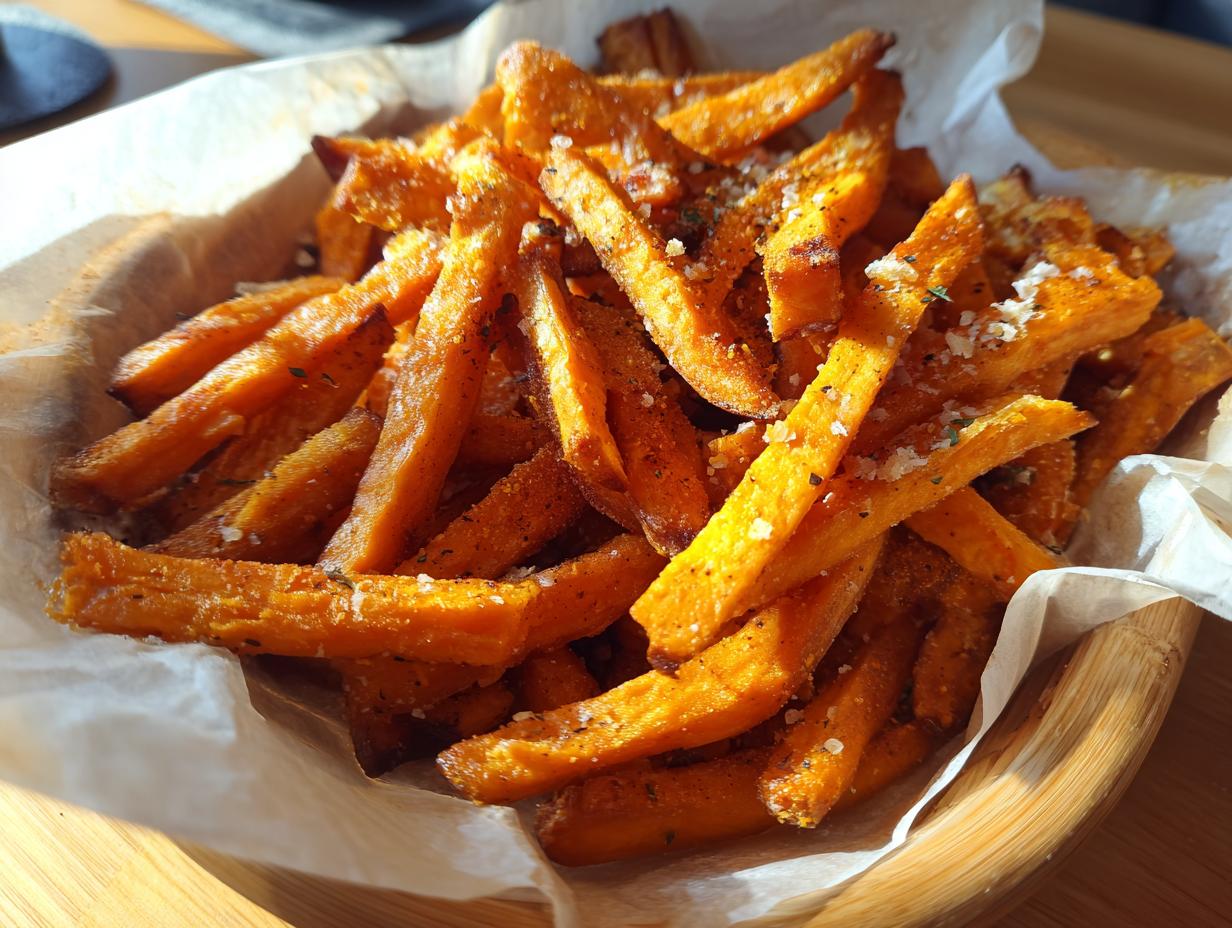 A close-up of a basket filled with perfectly crispy air fryer sweet potato fries, seasoned with herbs and salt.