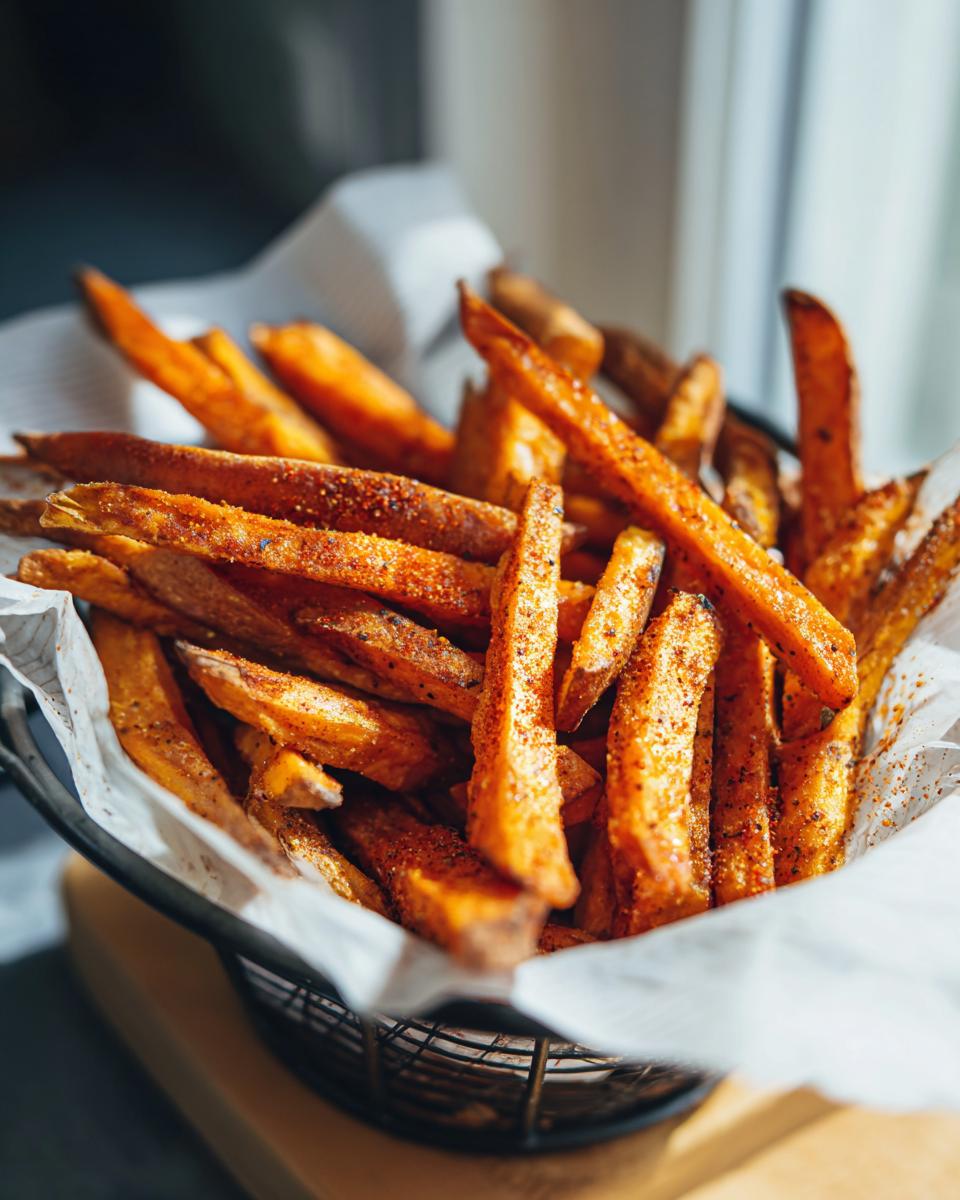 A basket filled with crispy air fryer sweet potato fries, seasoned with spices.
