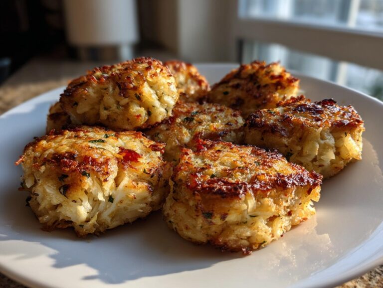A close-up shot of golden brown crab cakes on a white plate, showcasing their flaky texture and seasoned crust.