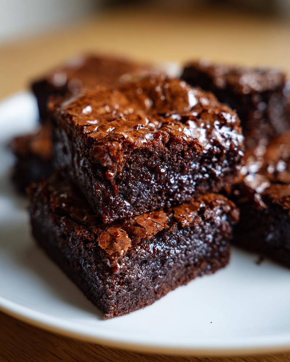 A close-up, mouthwatering shot of fudgy brownies stacked on a white plate, showcasing their rich chocolate texture.