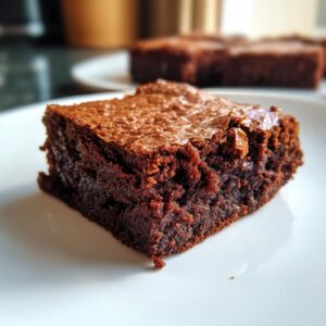 Close-up of a rich, fudgy brownie slice on a white plate, showcasing its dense texture.