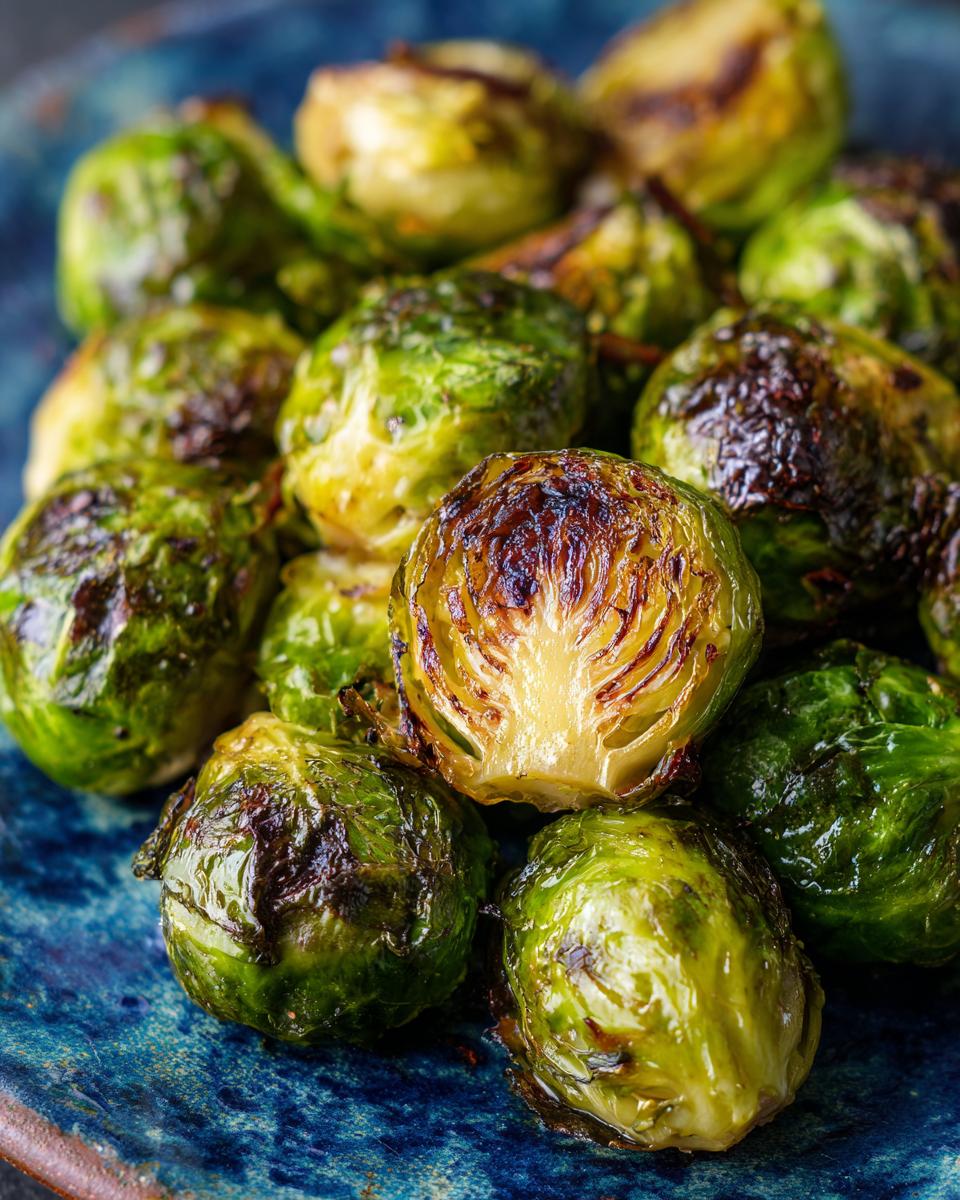 A close-up shot of perfectly roasted brussels sprouts on a blue plate, showcasing their caramelized edges and vibrant green color.