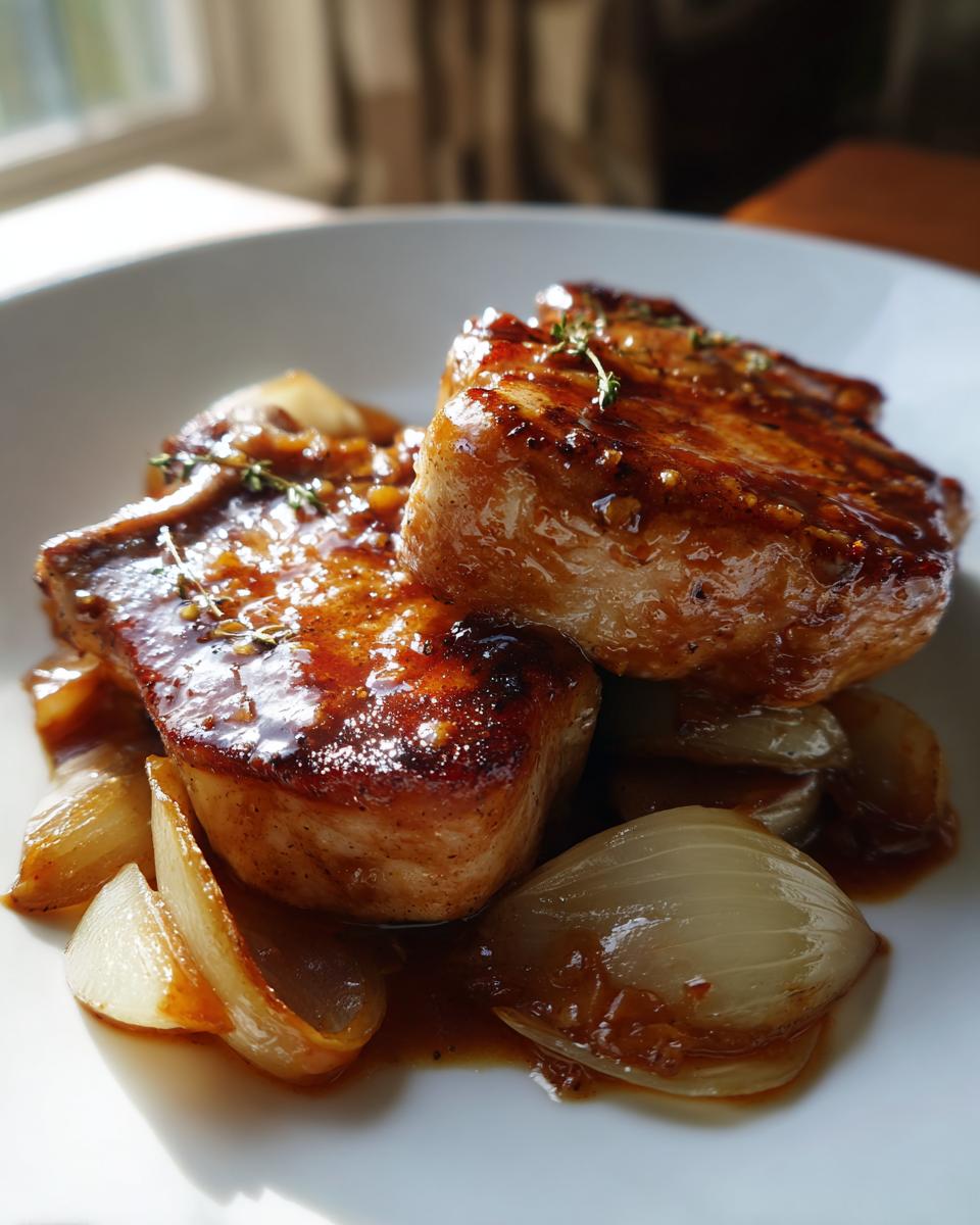 Two juicy apple cider glazed pork chops served with caramelized onions on a white plate.
