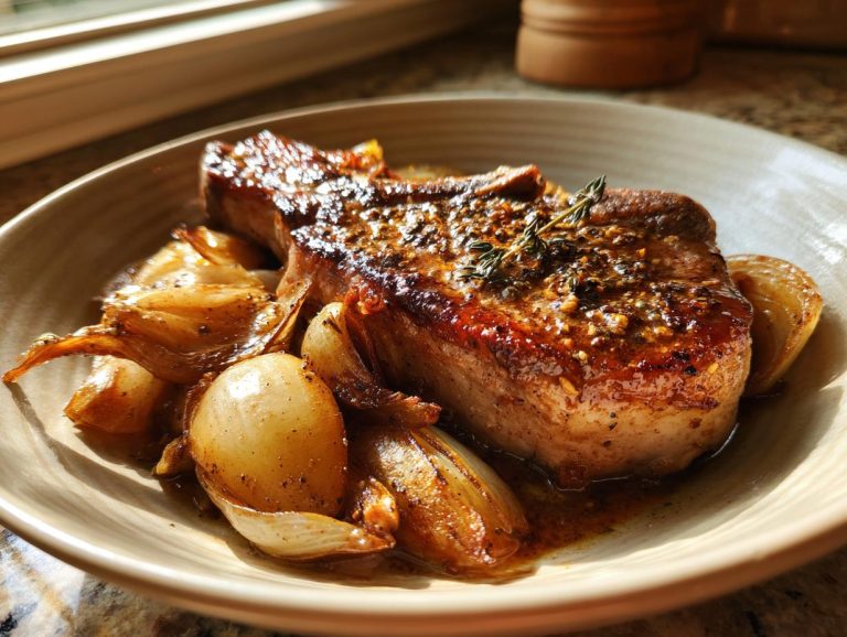 A close-up of a juicy apple cider glazed pork chop served with caramelized onions on a plate.