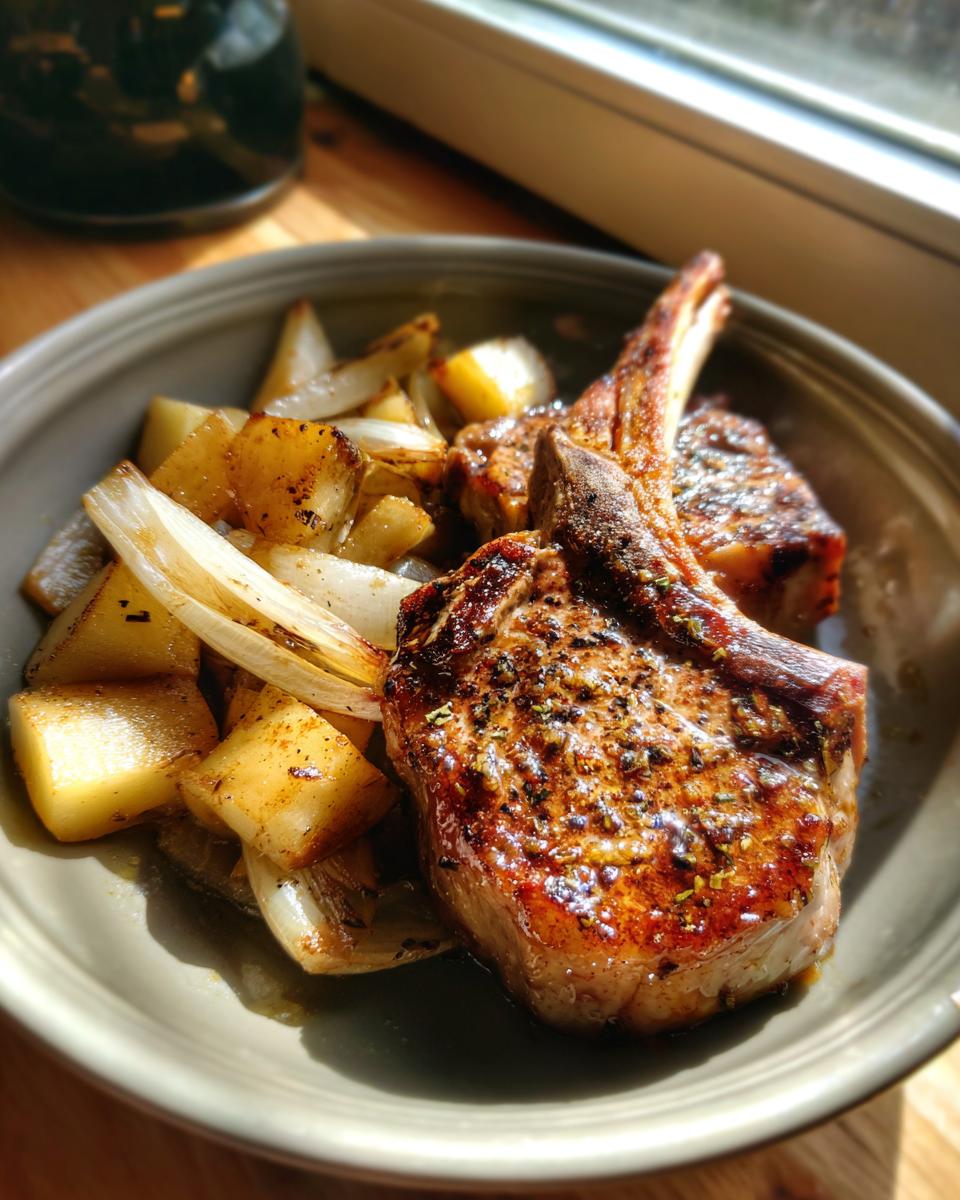 Close-up of two juicy apple cider glazed pork chops served with roasted potatoes and onions.
