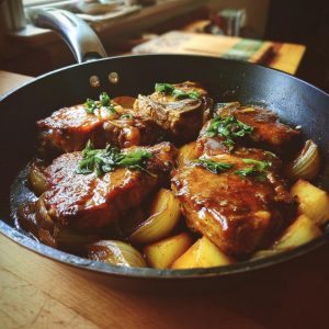 Close-up of juicy apple cider glazed pork chops with onions and potatoes in a black skillet.
