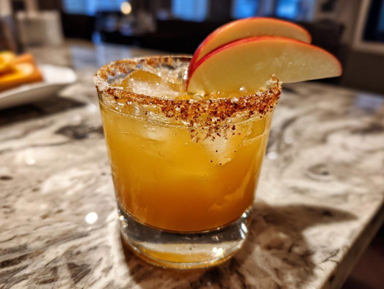 A close-up of an apple cider margarita in a glass, garnished with apple slices and a spiced rim.