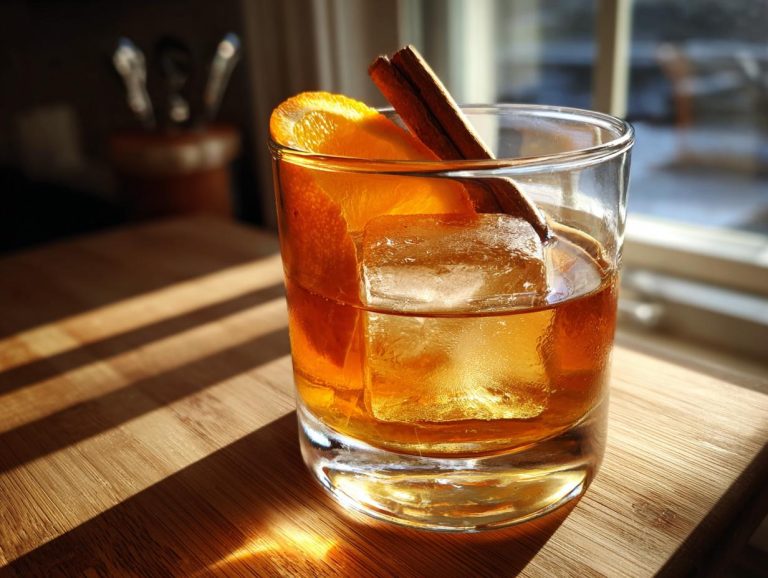 A close-up of an Apple Cider Old Fashioned cocktail in a glass, garnished with an orange slice and cinnamon stick.