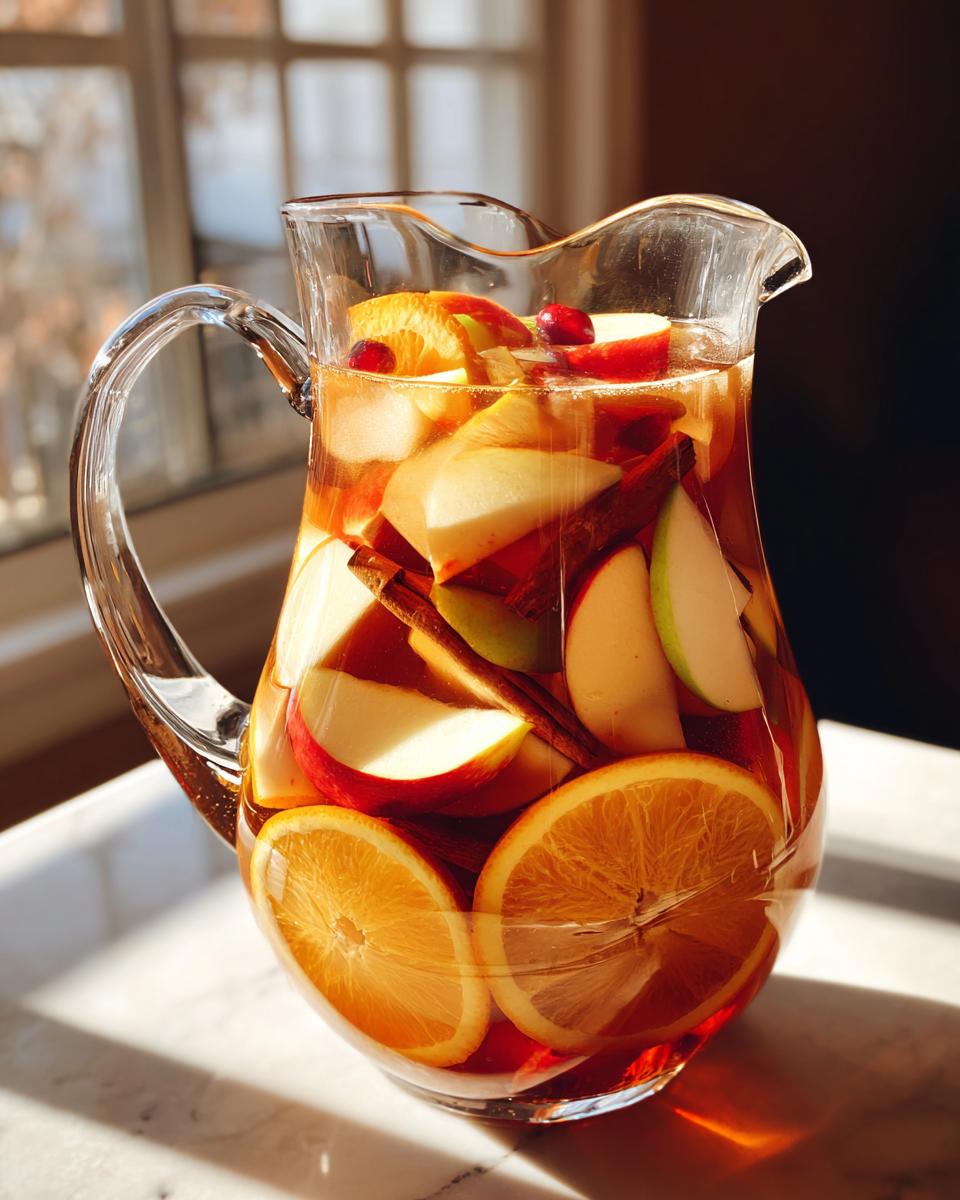 A pitcher filled with Apple Cider Sangria, featuring apple slices, orange slices, cranberries, and cinnamon sticks.