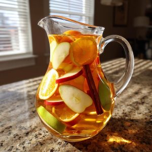 A clear glass pitcher filled with apple cider sangria, featuring slices of apples, oranges, and cinnamon sticks.