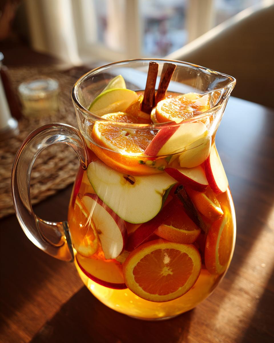 A pitcher filled with refreshing Apple Cider Sangria, featuring slices of apples, oranges, and cinnamon sticks.