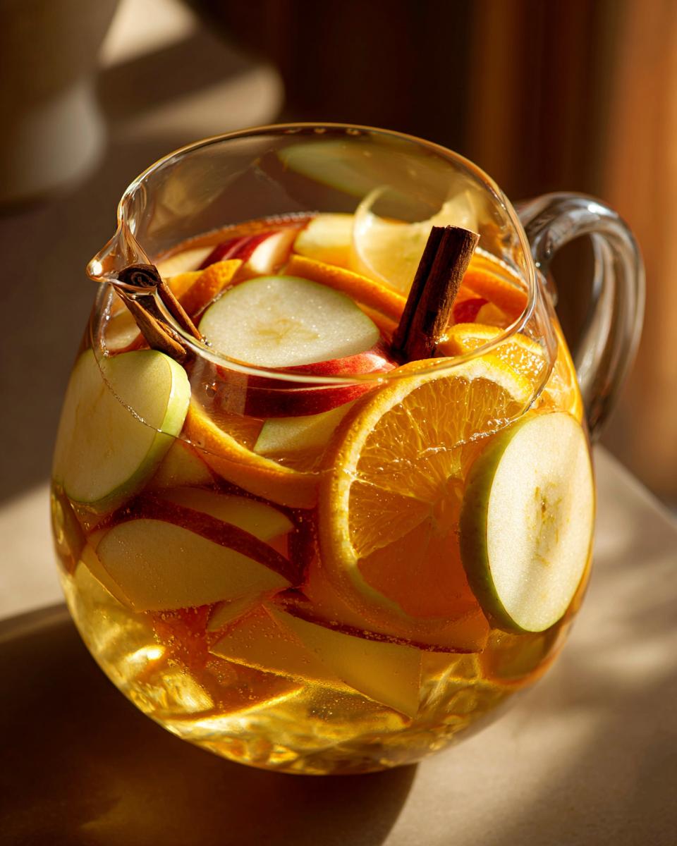 A clear glass pitcher filled with Apple Cider Sangria, featuring slices of apples, oranges, and cinnamon sticks.