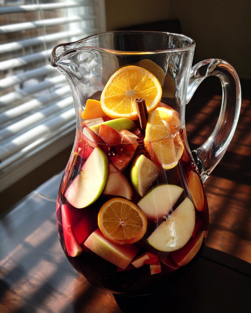 A clear glass pitcher filled with Apple Cider Sangria, featuring slices of apples, oranges, lemons, and cinnamon sticks.