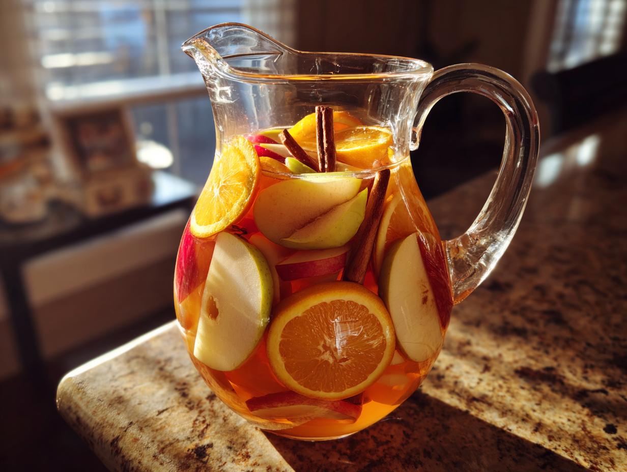 A clear glass pitcher filled with Apple Cider Sangria, featuring slices of apples, oranges, and cinnamon sticks.