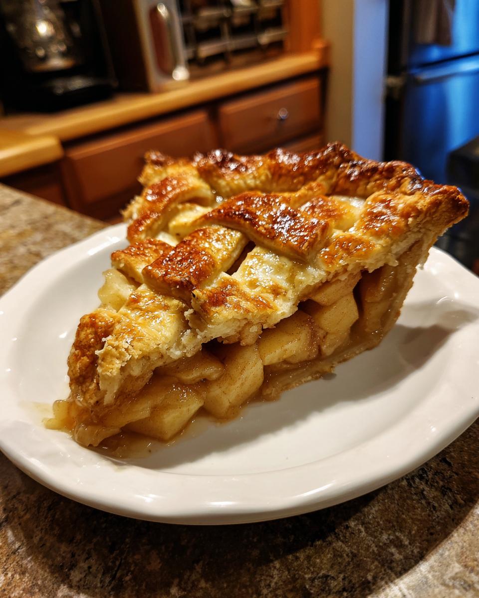 A close-up of a slice of homemade apple pie featuring a golden lattice crust and tender apple filling.