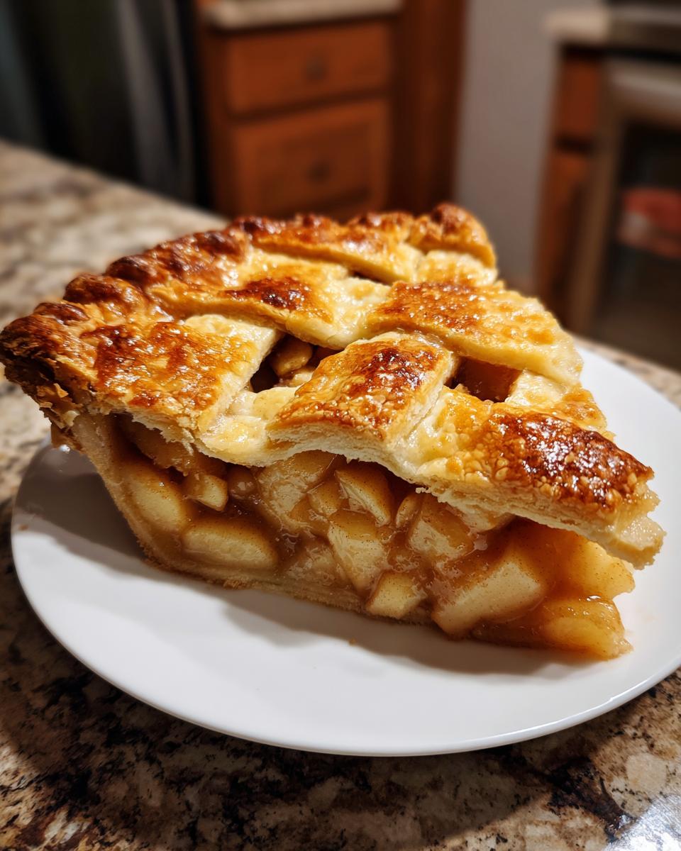 A close-up of a delicious slice of apple pie with a golden lattice crust and a filling of tender apples.