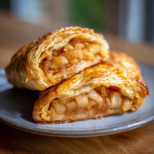 Close-up of a sliced apple strudel on a blue plate, showcasing the flaky pastry and cinnamon-spiced apple filling.