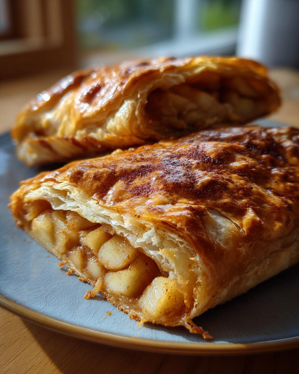 A close-up of a slice of apple strudel on a blue plate, showcasing the flaky pastry and apple filling.