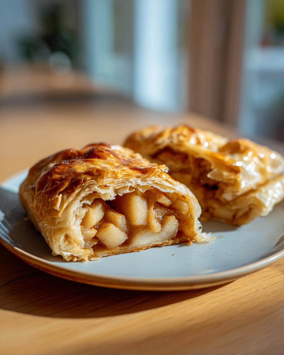 Close-up of a flaky apple strudel slice filled with cinnamon-spiced apples on a blue plate.