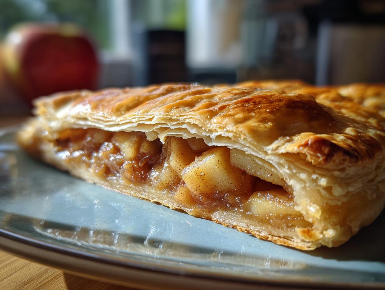 A close-up shot of a slice of apple strudel on a blue plate, showcasing the flaky pastry and cinnamon-spiced apple filling.