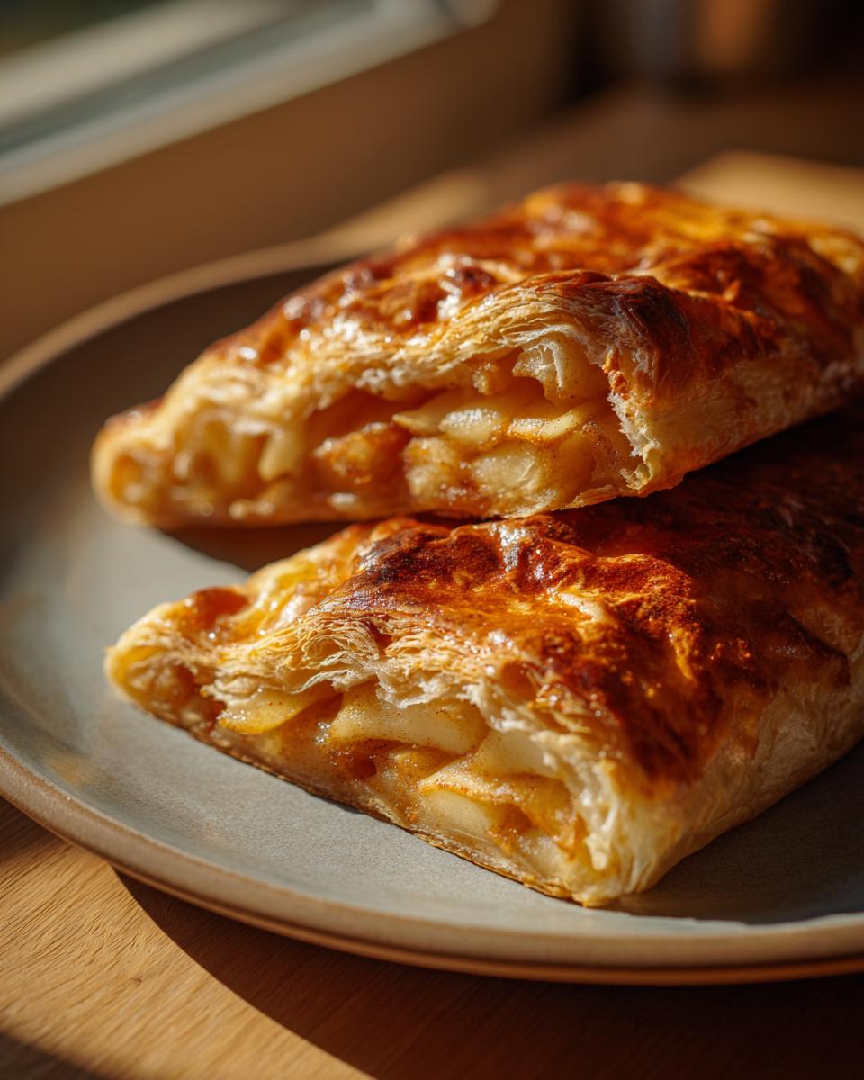Close-up of two slices of golden-brown apple strudel on a gray plate, showcasing the flaky pastry and apple filling.