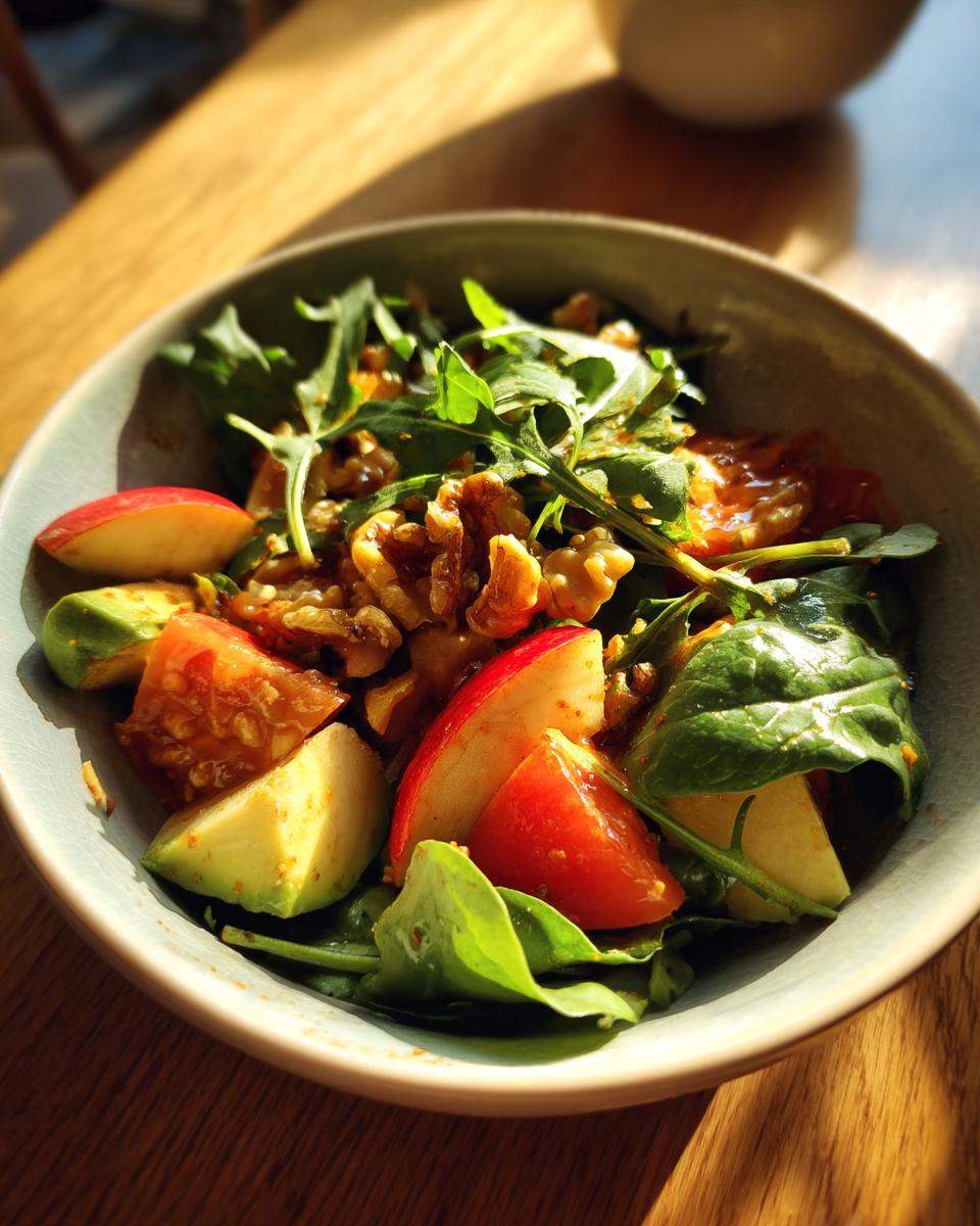 A close-up of a vibrant apple walnut spinach salad with fresh greens, red apple slices, avocado, and walnuts.