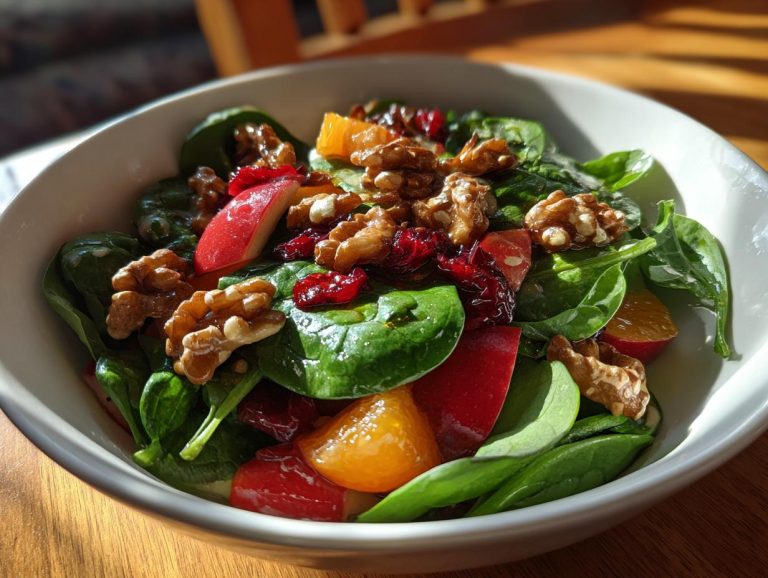 A vibrant apple walnut spinach salad featuring fresh spinach, crisp apple slices, crunchy walnuts, and dried cranberries.