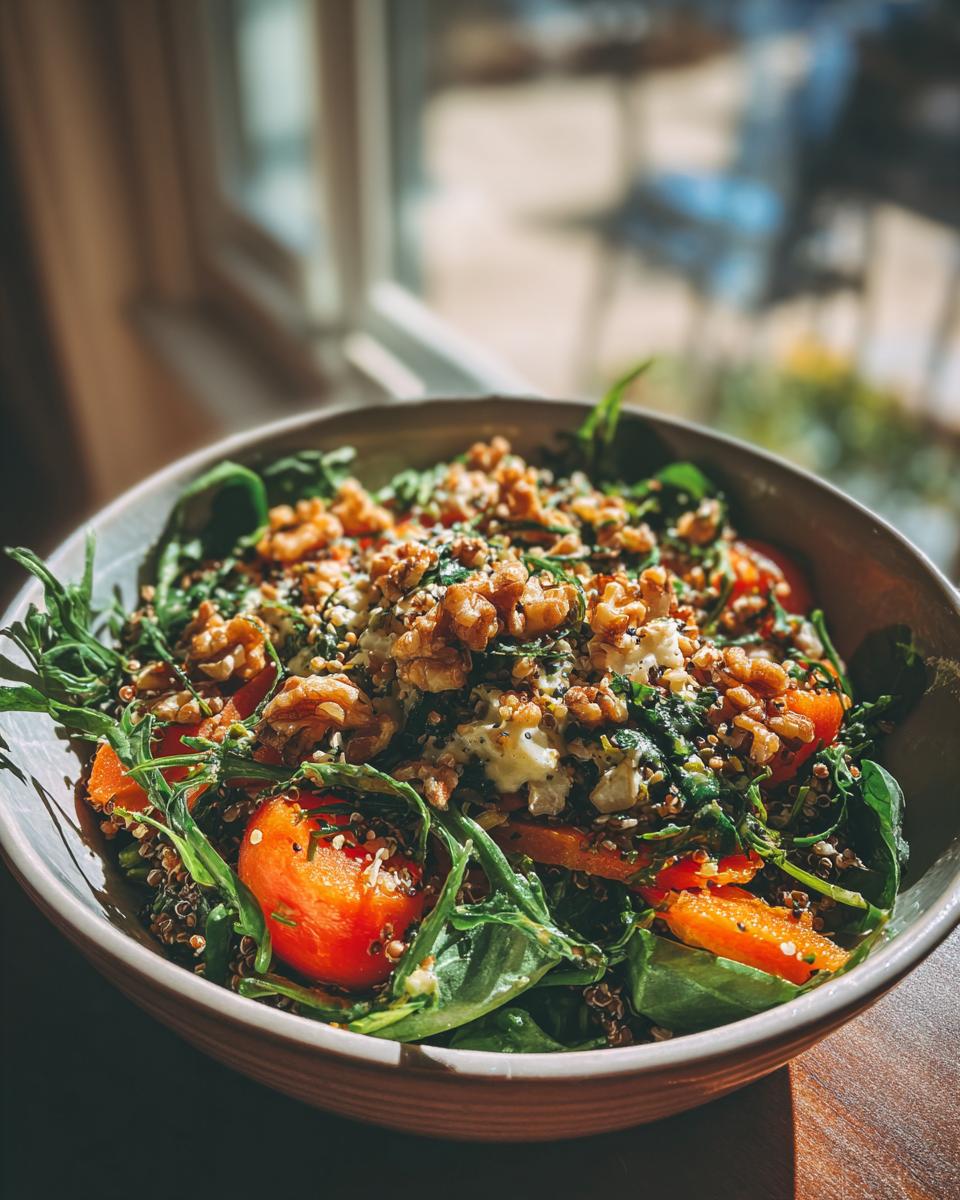 A close-up of a vibrant apple walnut spinach salad with quinoa, feta cheese, and orange slices.