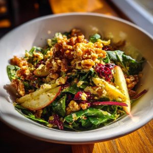 A close-up of a crisp apple walnut spinach salad topped with dried cranberries and a light dressing.