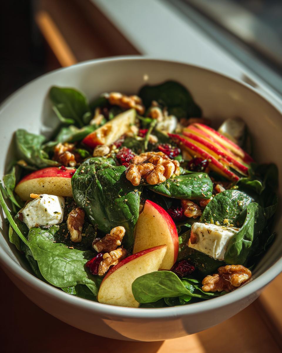 A close-up of a fresh apple walnut spinach salad with crumbled feta cheese and dried cranberries.