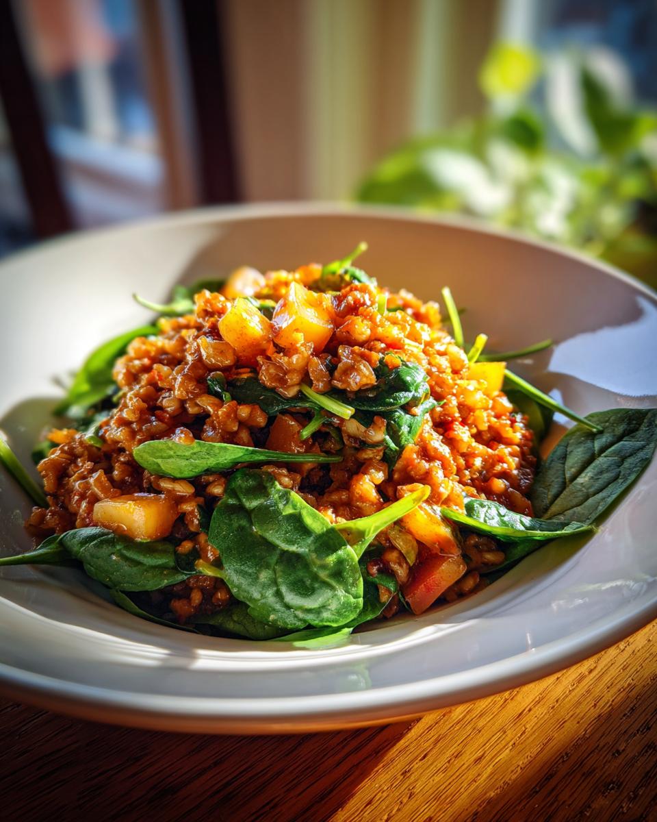 Close-up of a hearty apple walnut spinach salad with grains and diced apples in a white bowl.