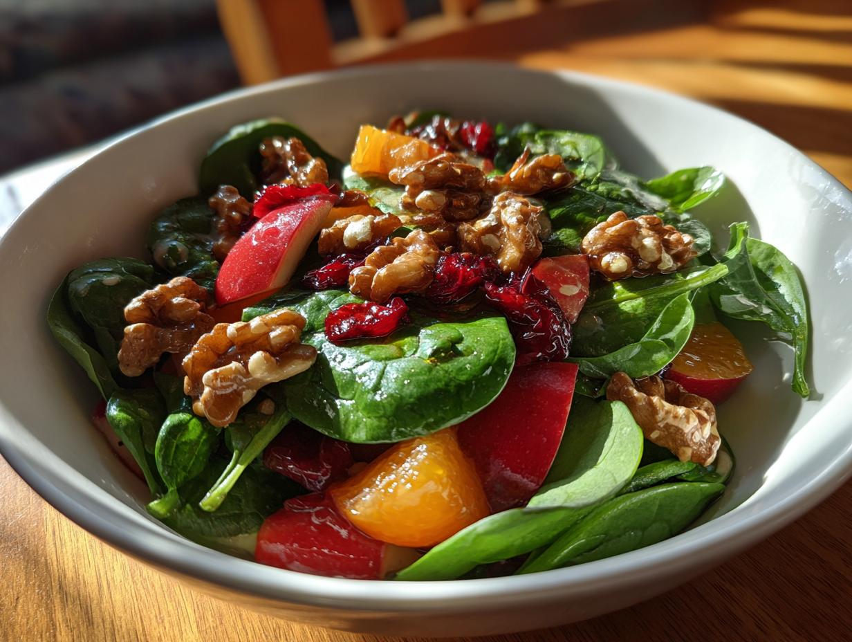 A vibrant apple walnut spinach salad featuring fresh spinach, crisp apple slices, crunchy walnuts, and dried cranberries.