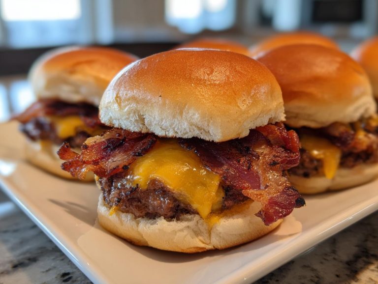 Close-up of a plate of delicious bacon cheeseburger sliders with melted cheese and crispy bacon.