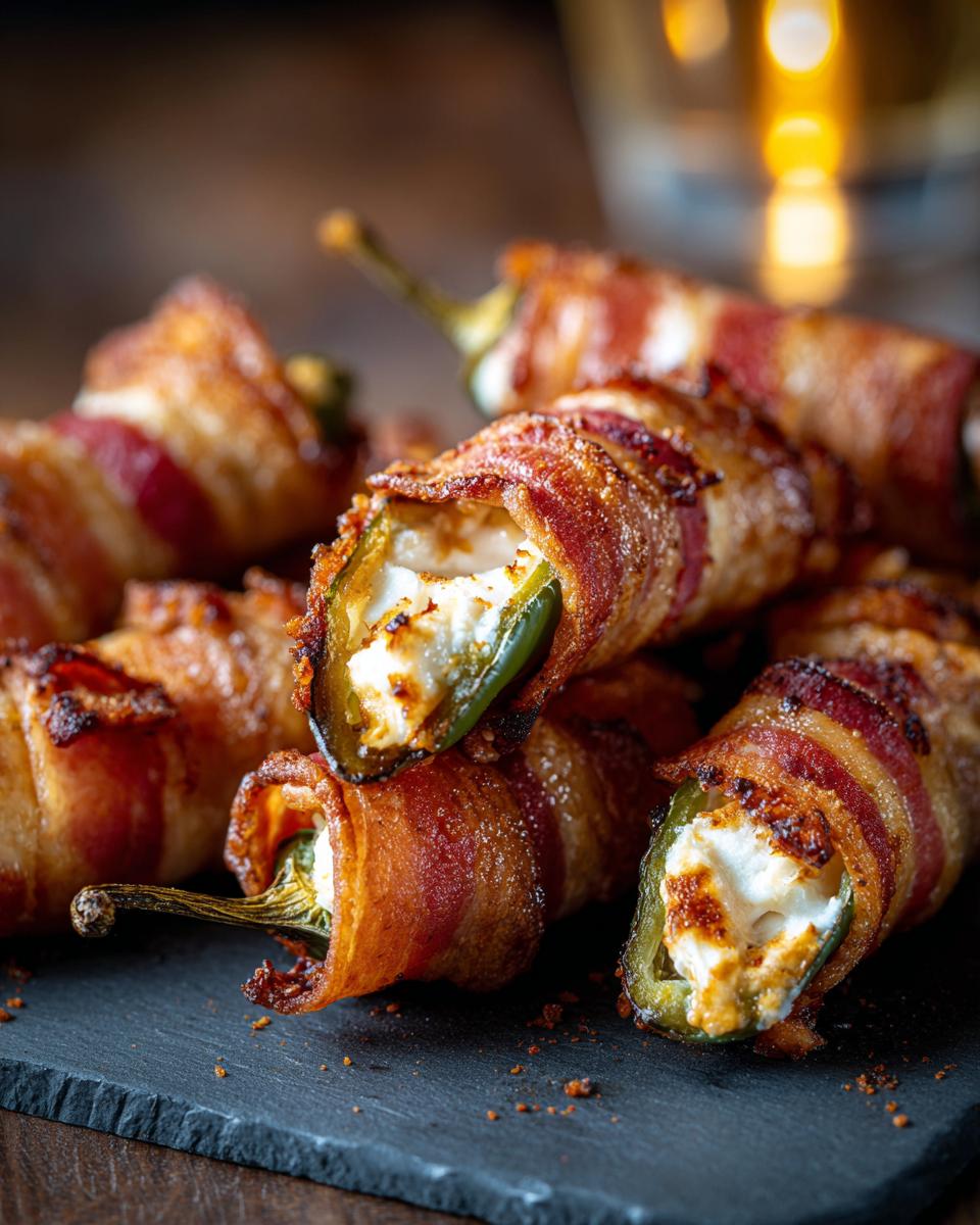 Close-up of delicious bacon-wrapped jalapeño poppers filled with creamy cheese.