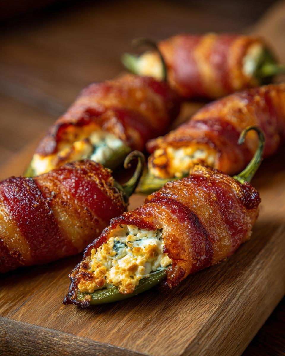 Close-up of crispy bacon-wrapped jalapeño poppers filled with creamy cheese mixture.