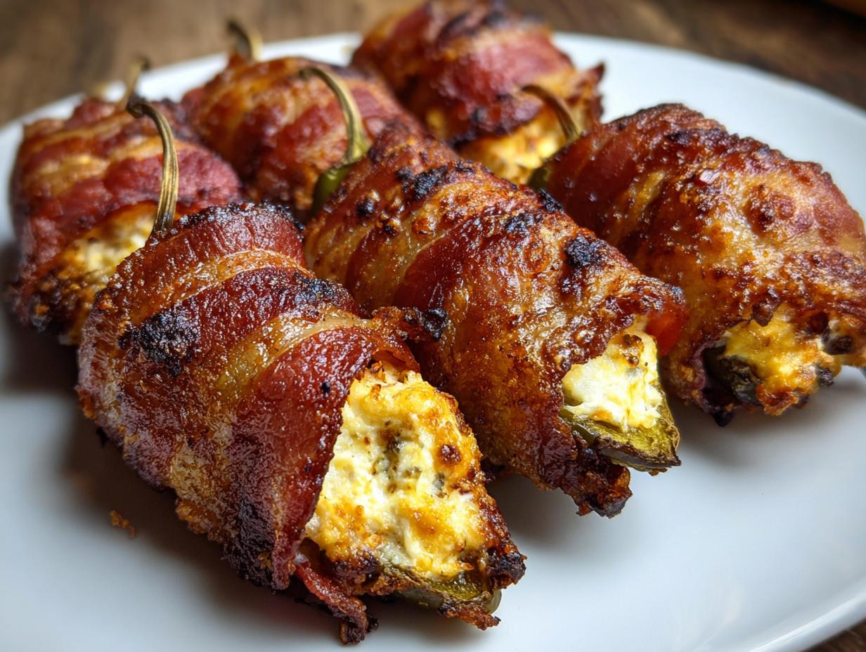 Close-up of crispy bacon-wrapped jalapeño poppers filled with creamy cheese.