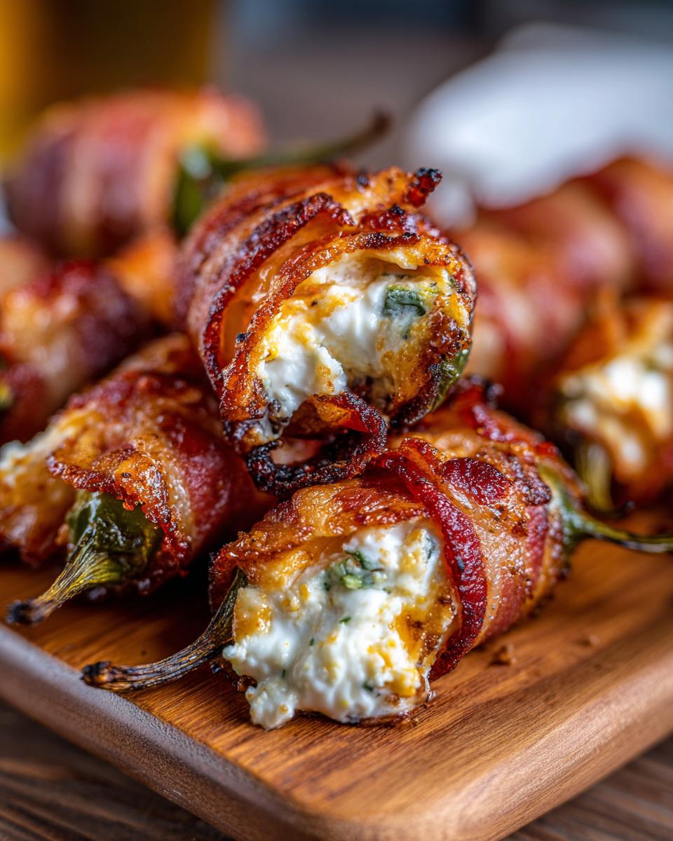 Close-up of creamy bacon-wrapped jalapeño poppers, showing the melted cheese filling.