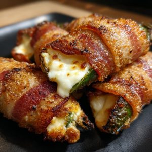 Close-up of crispy bacon-wrapped jalapeño poppers filled with melted cheese.