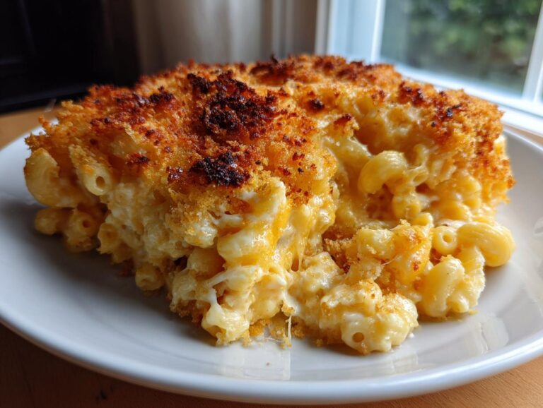 A close-up of a serving of baked mac and cheese, featuring creamy noodles and a golden-brown crispy topping.