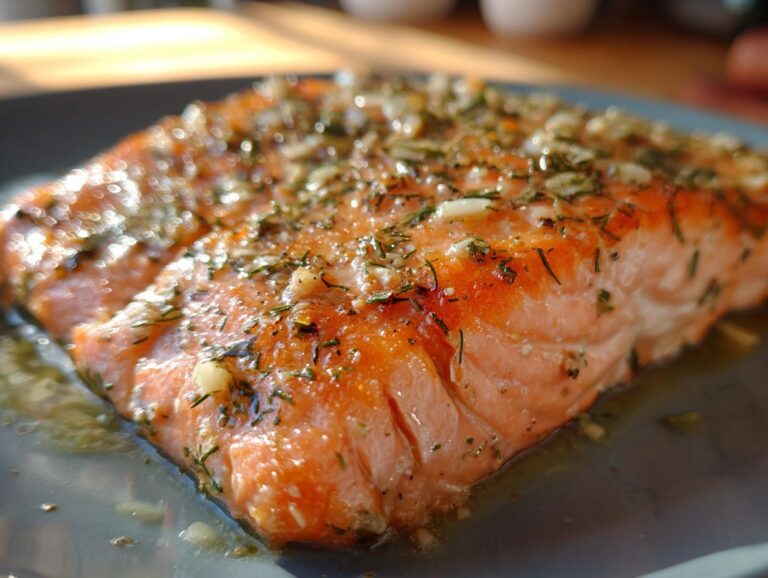 Close-up of a perfectly cooked baked salmon fillet seasoned with fresh herbs and garlic.