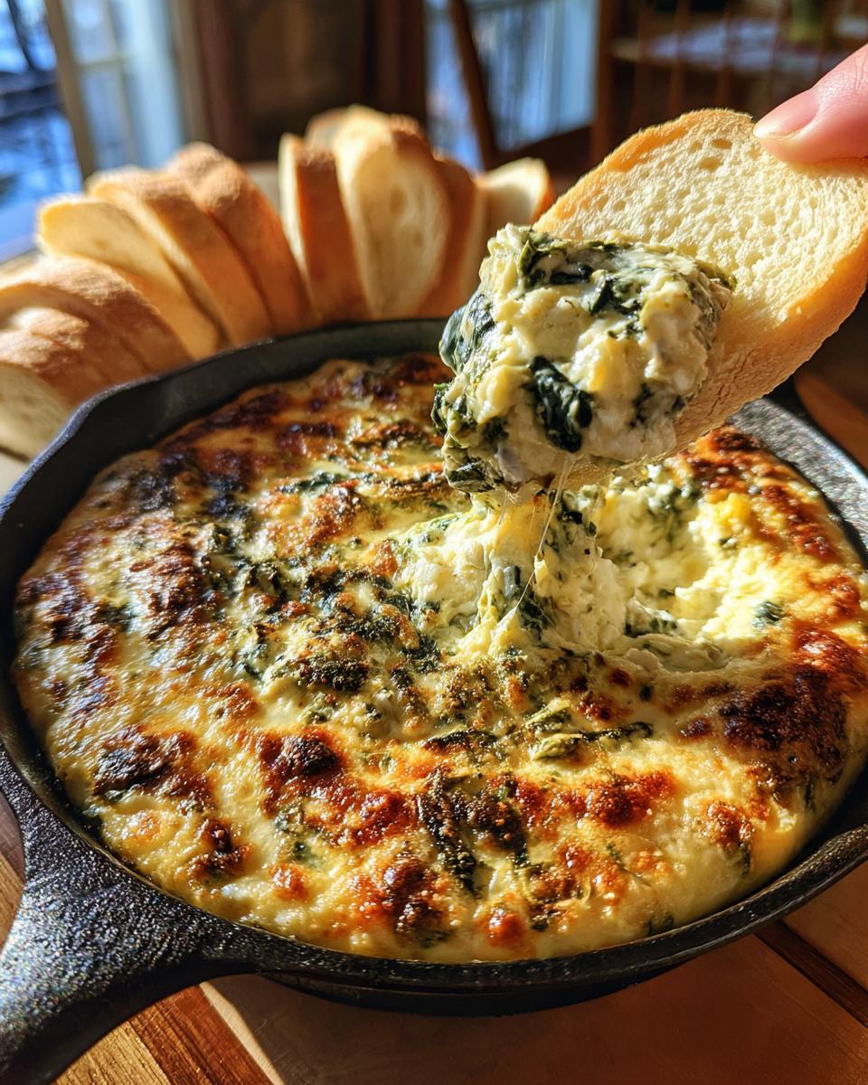 A slice of bread dipping into a bubbly baked spinach artichoke dip in a cast iron skillet.
