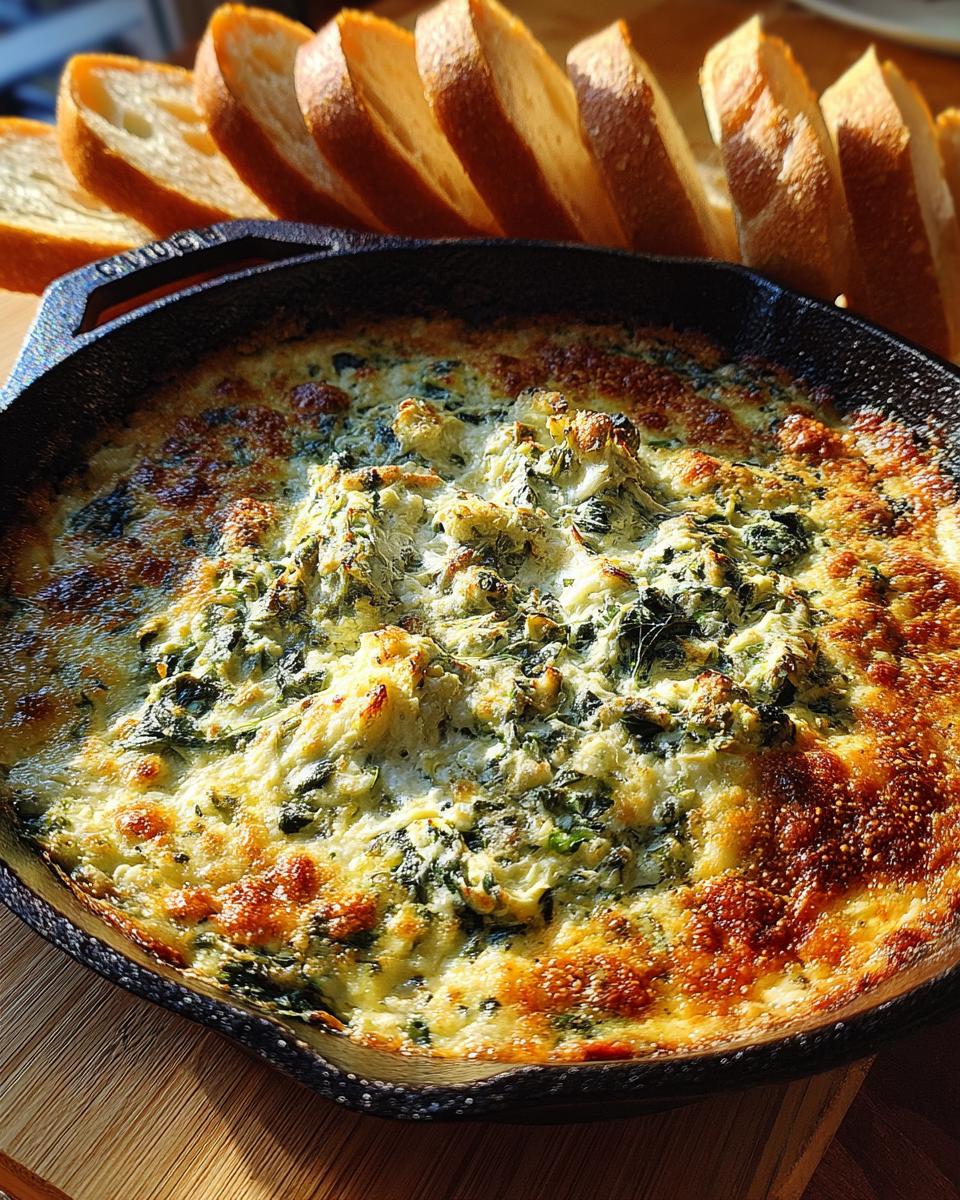 Close-up of bubbling baked spinach artichoke dip in a cast iron skillet, served with sliced bread.